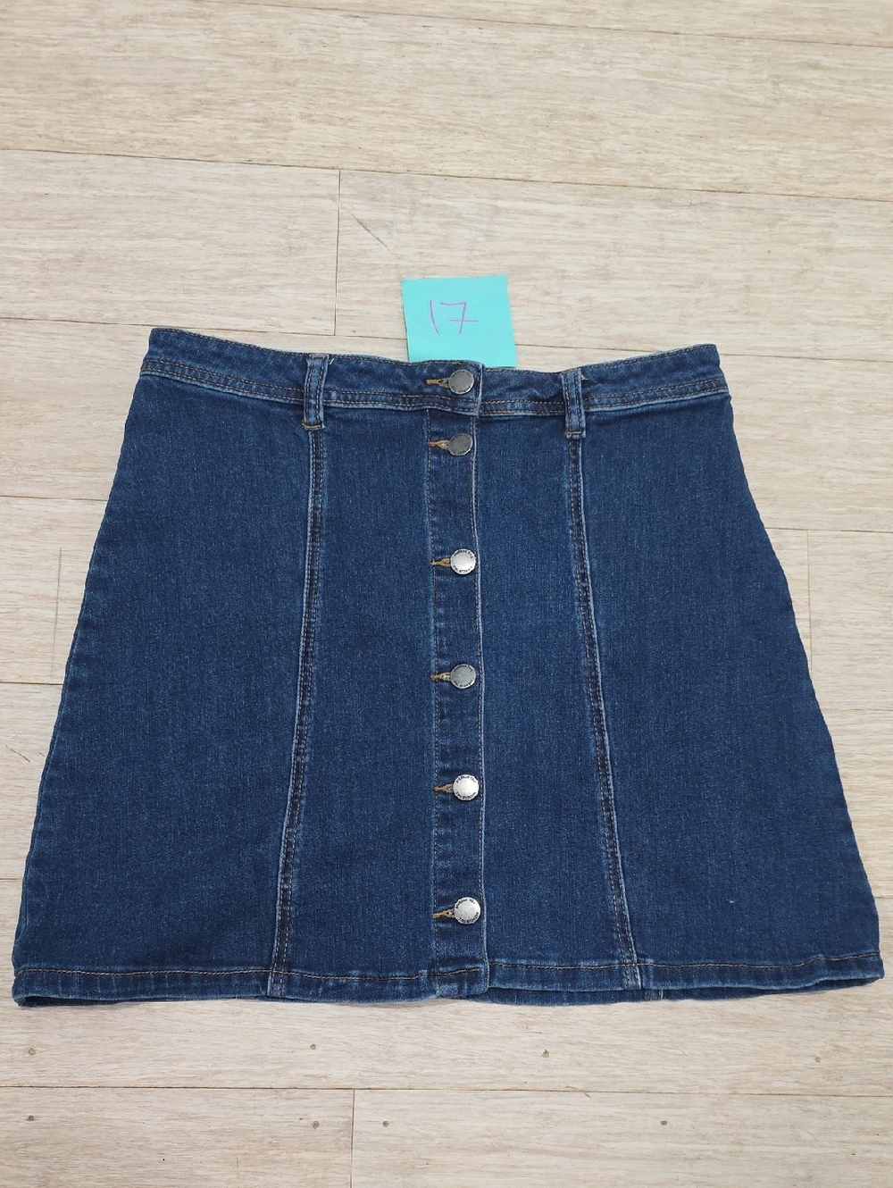 Button-Front Dark Blue Denim A-Line Skirt